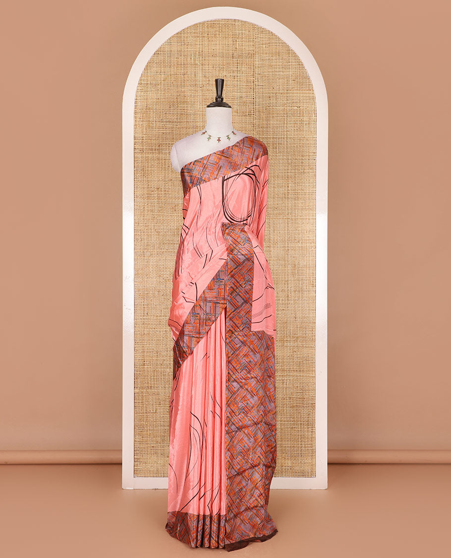 Peach abstract style geometric printed Turkey crepe saree, contrast border, and pallu of abstract textured print