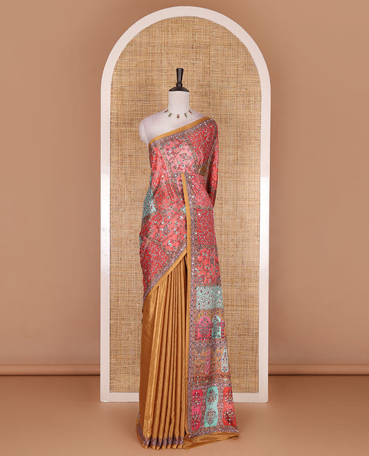 Mustard kaleidoscopic colored floral-paisley vine printed with mirrorwork masakali saree, printed border, print with mirror work pallu, and a matching blouse