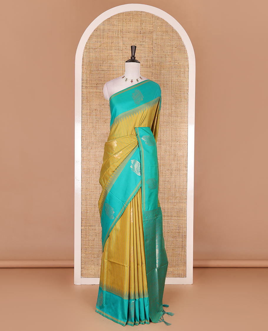 Mustard striped and zari buttas Mulberry silk saree, contrast temple zari buttas border, intricate pallu, and contrast zari design blouse