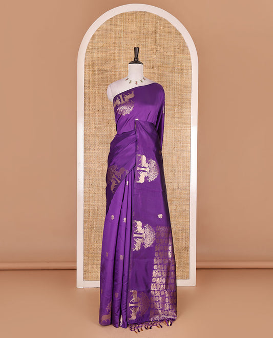Borderless violet peacock, chakra, and pichwai cow buttas zari woven kanchi silk saree, peacock and chakra enclosed checked pallu, and matching blouse