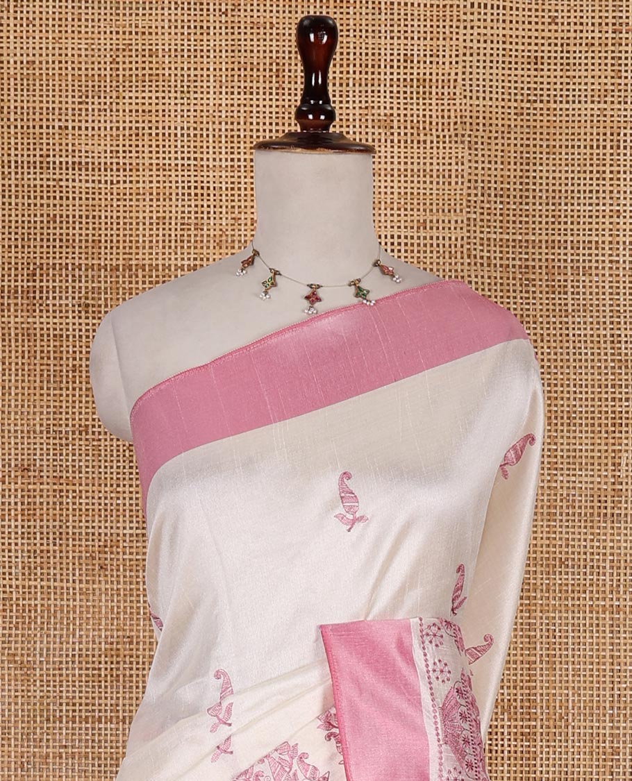 Half-white mango and flower pots thread embroidered semi-tussar saree, contrast pink border, manga motif embroidered pallu, and a matching blouse