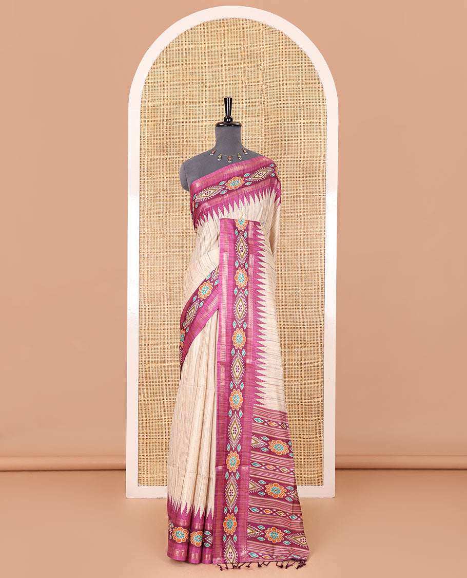 Chikku- purple plain Katan silk saree, contrast ikkat floral-geometric printed temple border, ikkat printed pallu, and ikkat printed blouse