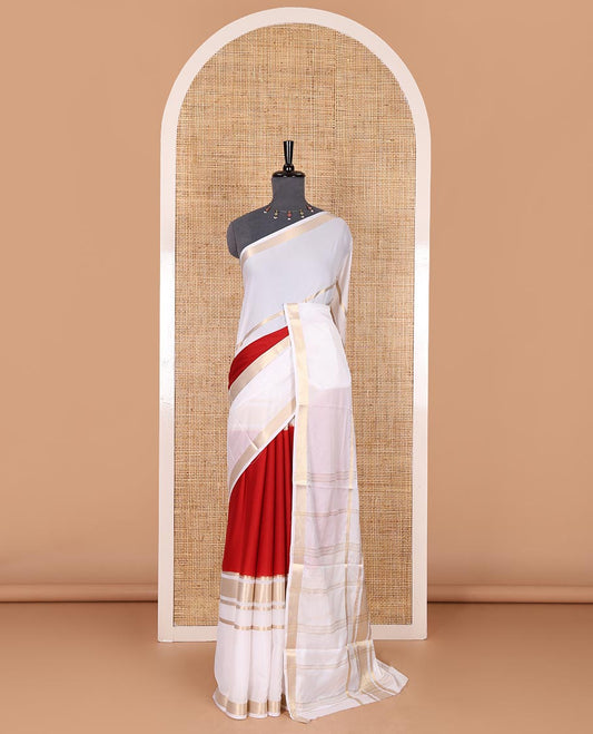 Red plain Art Mysore silk saree, contrast traditional zari big border, zari striped pallu, and a matching zari design blouse