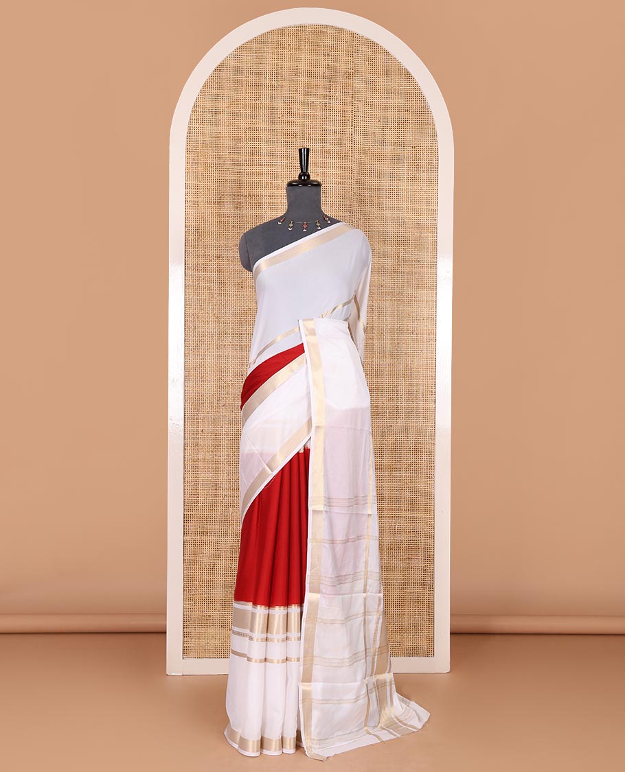Red plain Art Mysore silk saree, contrast traditional zari big border, zari striped pallu, and a matching zari design blouse