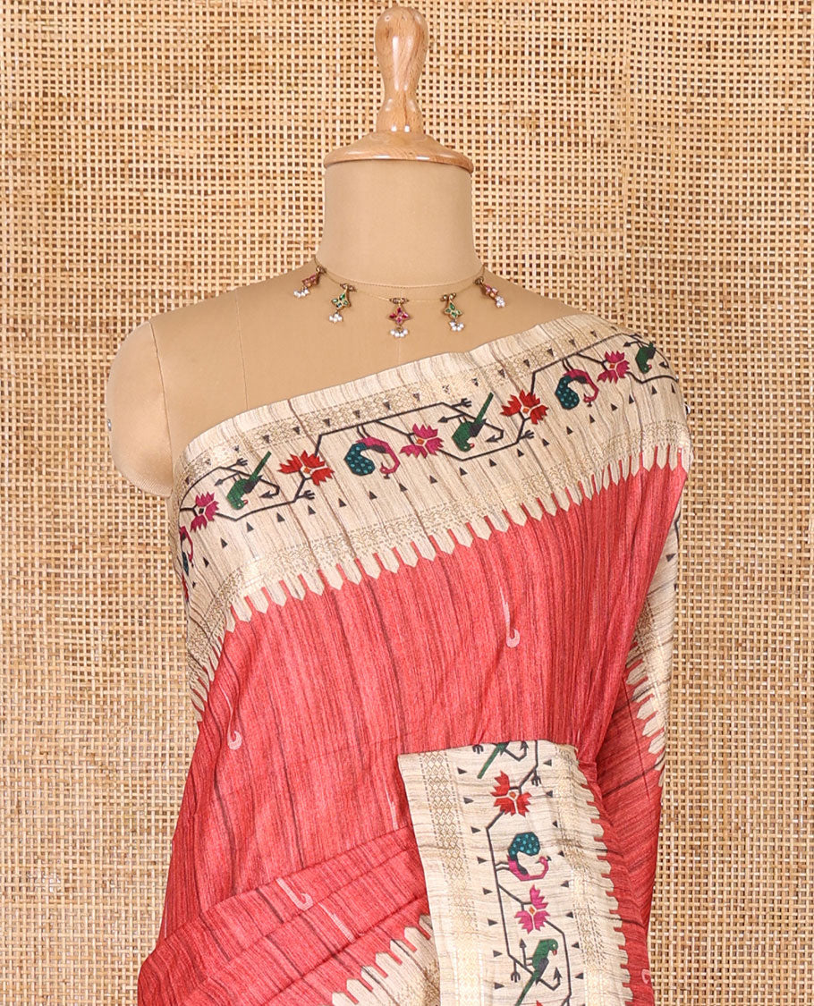 Maroon muniya motifs katan silk saree, contrast paithani style border, pallu and blouse steeped with peacock, parrot, and floral motifs
