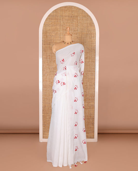 Borderless white and red floral motifs embroidered Khadi mul cotton saree with a matching plain blouse