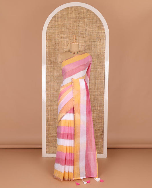 Baby pink rainbow-style striped Khadi mul cotton saree with piping zari border, and a matching zari striped blouse