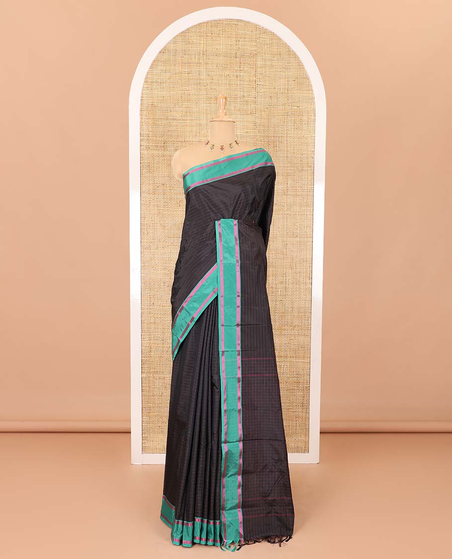 Black horizontal striped semi-soft silk saree, contrast satin striped border, striped pallu, and a matching blouse