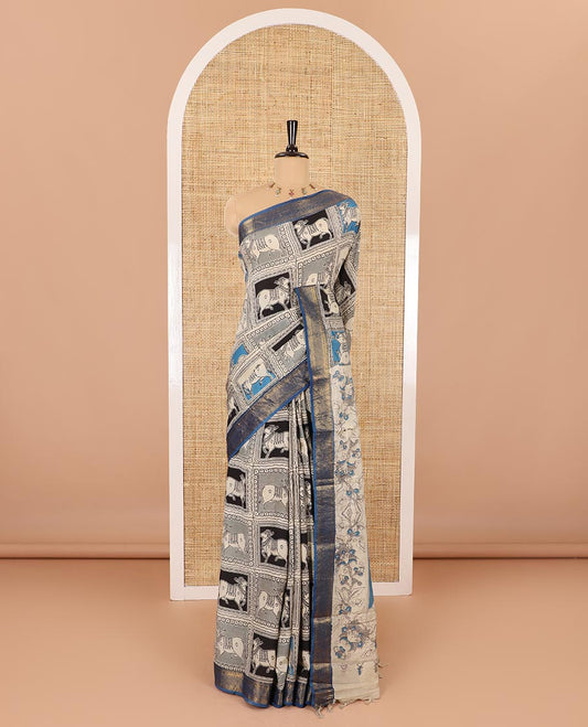 Black kalamkari-style pichwai printed Mangalagiri cotton saree with contrast traditional zari border, kalamkari printed pallu, and a floral vine printed blouse