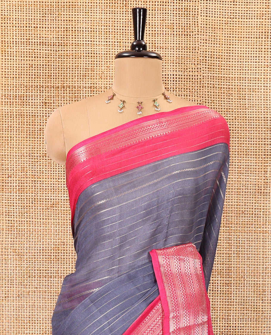 Grey horizontal zari striped moss chiffon saree, contrast traditional zari border, striped pallu, and a contrast zari design blouse