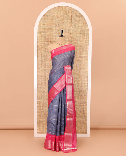 Grey horizontal zari striped moss chiffon saree, contrast traditional zari border, striped pallu, and a contrast zari design blouse