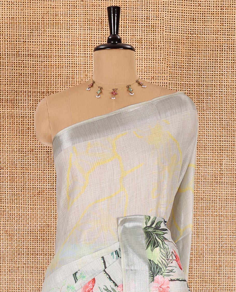 Grey wild-life theme printed Linen cotton saree, bavanji border, pallu of elephant, zebra, and flamingo designs, and coconut tree motifs printed blouse