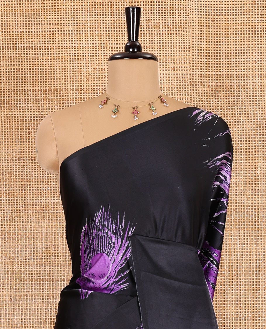 Borderless black and violet peacock feathers style abstract printed Gajji silk saree, peacock feathers printed pallu, and a contrast printed blouse