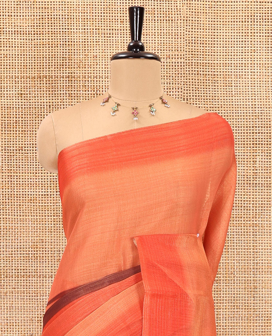 Orange horizontally striped linen cotton saree, contrast border, striped pallu, and a horizontal striped blouse