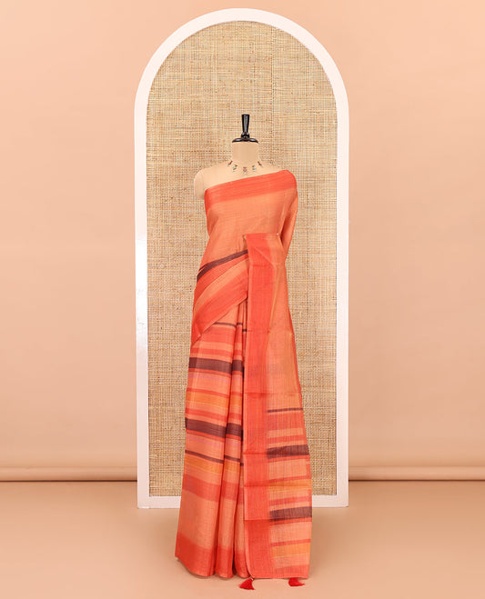 Orange horizontally striped linen cotton saree, contrast border, striped pallu, and a horizontal striped blouse