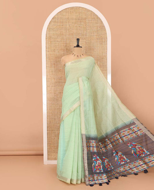 Green plain Munga cotton saree, gold zari piping boder, contrast pallu of multi-color jamdani weave, and contrast zari buttas blouse