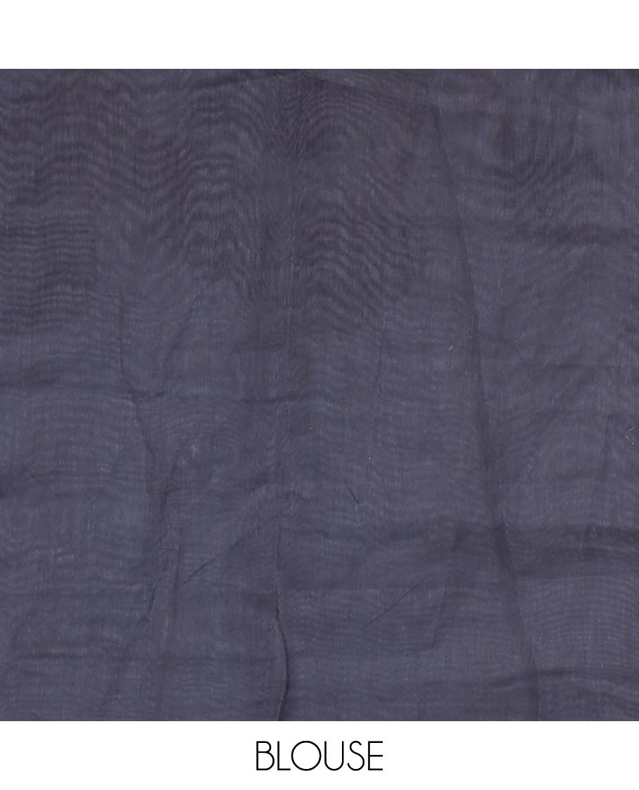 Grey plain linen cotton saree, branches and leaves printed border, printed pallu, and a contrast plain blouse