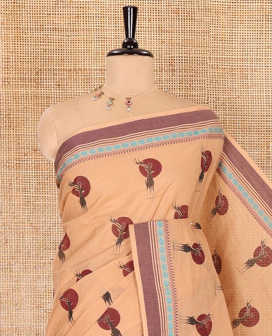 Beige deer motifs printed Mangalagiri cotton saree, traditional motifs thread border, striped pallu, and matching blouse