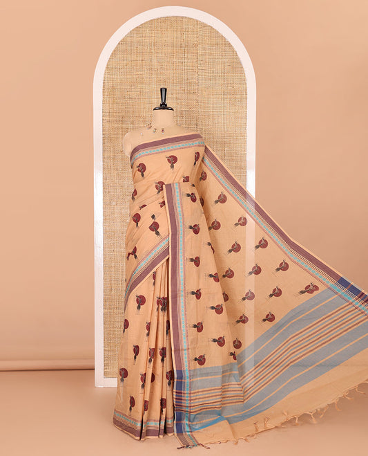 Beige deer motifs printed Mangalagiri cotton saree, traditional motifs thread border, striped pallu, and matching blouse