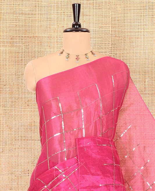 Borderless rani pink sequins embroidered checked khadi tissue saree, self-pallu, and a plain matching blouse