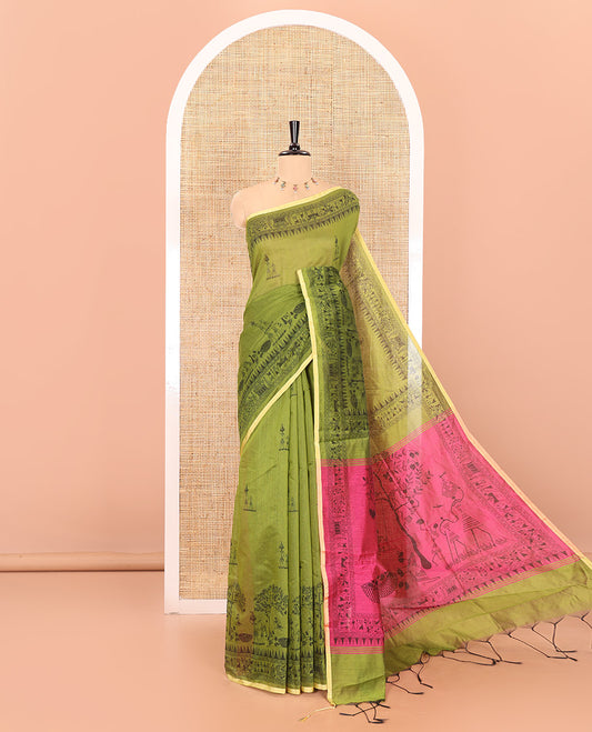Green Warli-village printed khadi cotton saree, printed border, and contrast warli motifs printed pallu, and contrast plain blouse