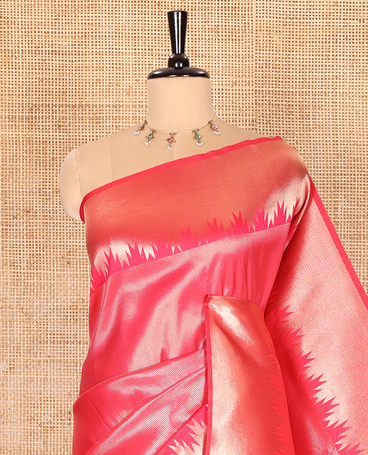 Rani Pink Elite Soft Silk Saree Gleamed Up with Vaira Oosi Stripes, Featuring a Temple Zari Border, Zari Elevated Pallu, and a Matching Zari Design Blouse