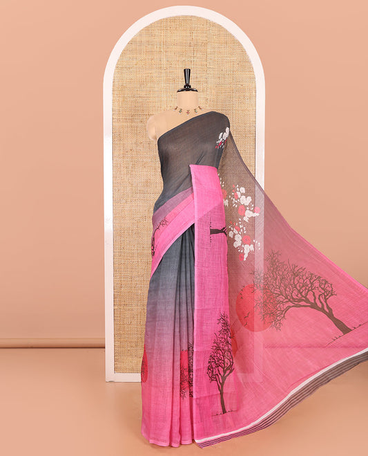Borderless Pink Linen Cotton Saree Elevated with Nature-Theme Print Featuring the Sun, Trees, and Birds All Over the Saree, Paired with a Striped Blouse