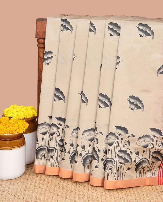 Chikku screen print micro silk saree with saree with copper zari border & screen print pallu along with plain blouse