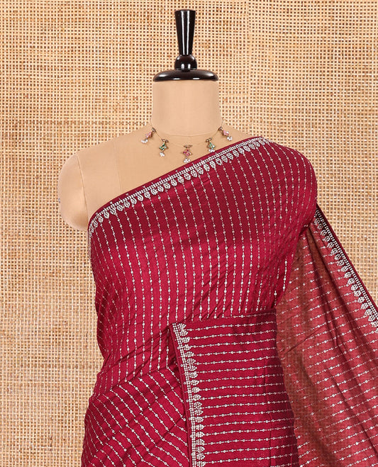 Purple Vitchitra Silk Saree Gleamed Up with Sequin-Style Foil Prints All Over Its Body, Jarkan Stone Work Border, and Paired with a Matching Jarkan Stone Work Blouse