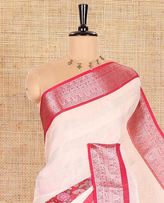 Off-White Viscose Georgette Saree Features Kalamkari Floral-Bird Print Flanked by Horizontally Zari Stripes, Complemented by a Contrast Traditional Zari Design Border, Pallu of Intricate Print, and Paired with a Contrast Blouse