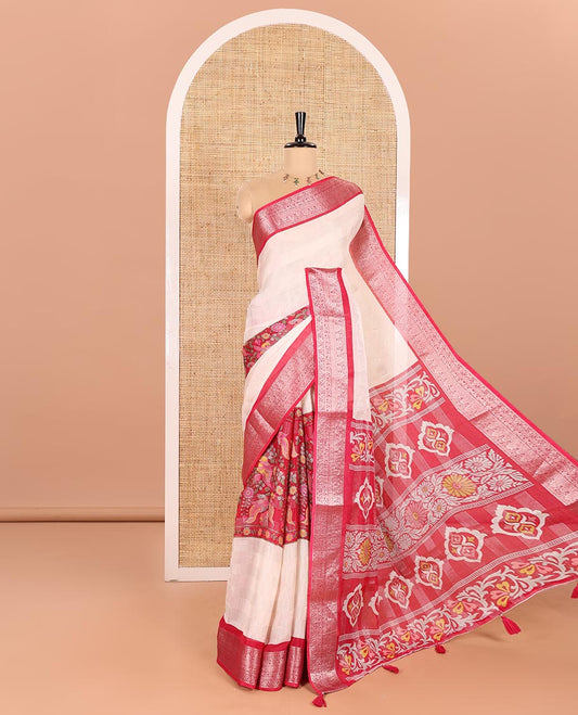 Off-White Viscose Georgette Saree Features Kalamkari Floral-Bird Print Flanked by Horizontally Zari Stripes, Complemented by a Contrast Traditional Zari Design Border, Pallu of Intricate Print, and Paired with a Contrast Blouse