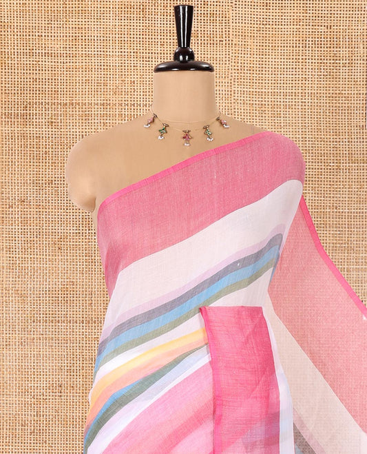 Borderless Half-White Khadi Mul Cotton Saree Adorned with Multi-Color Rainbow Stripes All Over Its Saree, Paired with a Matching Blouse