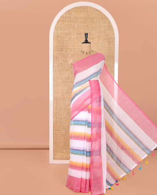 Borderless Half-White Khadi Mul Cotton Saree Adorned with Multi-Color Rainbow Stripes All Over Its Saree, Paired with a Matching Blouse