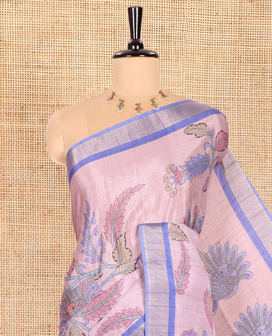 Onion Pink Manipuri Silk Saree Adorned with Kalamkari Floral and Peacock Prints All Over Its Body, Complemented by a Contrast Zari Border, Pallu Depicts a Big Peacock and Paisleys, and Paired with a Contrast Printed Blouse