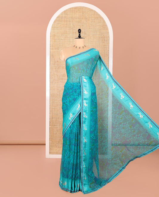 Peacock Green Georgette Saree, Embellished with Geometric Printed All Over Its Body, a Subtle Satin Border of Peacock Foil Print, Geometric Printed Pallu, and Paired with a Matching Blouse