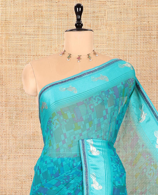 Peacock Green Georgette Saree, Embellished with Geometric Printed All Over Its Body, a Subtle Satin Border of Peacock Foil Print, Geometric Printed Pallu, and Paired with a Matching Blouse