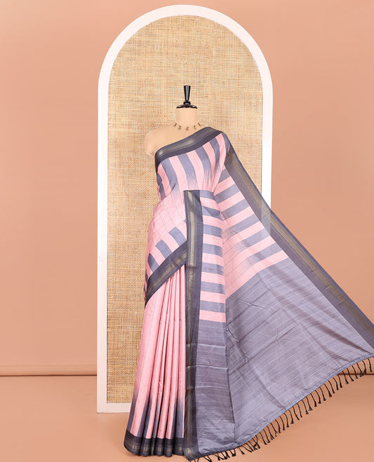 Pink Manipuri Silk Saree, Subtly Woven with Vertical Stripes All Over Its Body, Complemented by Contrast Zari Border, Sparsely Striped Pallu, and Paired with a Contrast Blouse