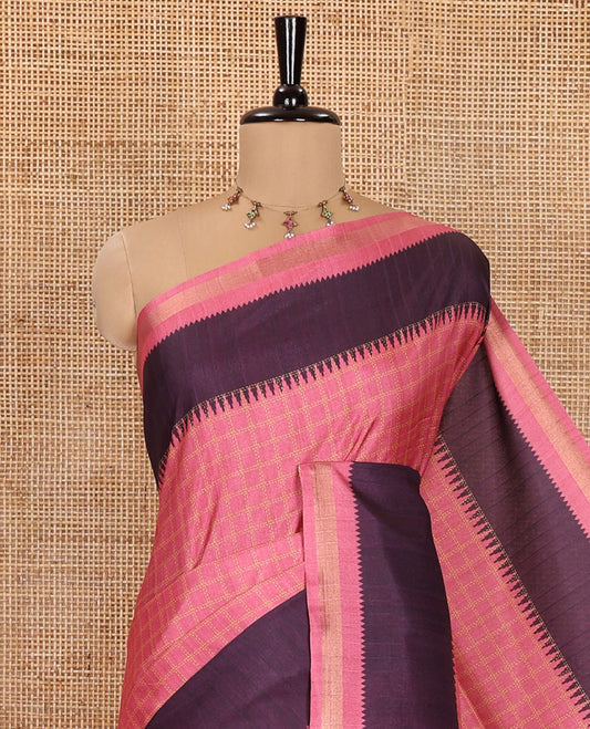 Pink Katan Silk Saree, Subtly Sparkled with Checks All Over Its Body, Complemented by a Contrast Temple Border, Sparsely Striped Pallu, and Paired with a Contrast Blouse