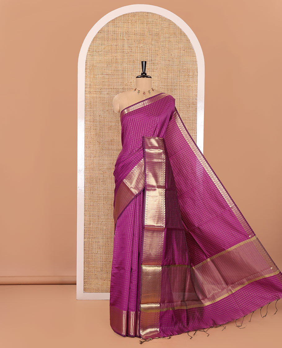 Purple Semi-Katan Silk Saree, Decorated with Golden Zari Checks on Its Body, Highlighted by a Traditional Zari Border of Paisley and Rudraksham Designs, Gleaming Pallu, and Paired with a Matching Blouse