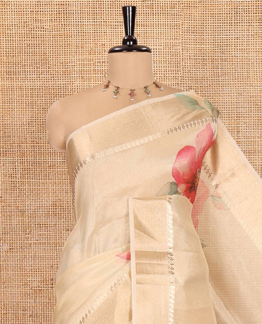 Gold Tissue Saree, Elevated with Hibiscus Motifs Printed on Its Body, Subtle Zari Printed Border, Pallu Pictures Hibiscus Motifs Print, and Paired with a Matching Blouse