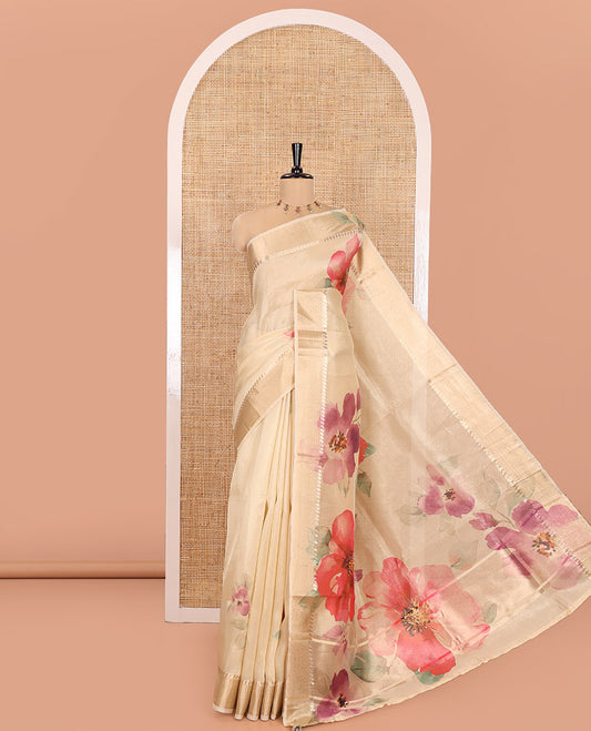 Gold Tissue Saree, Elevated with Hibiscus Motifs Printed on Its Body, Subtle Zari Printed Border, Pallu Pictures Hibiscus Motifs Print, and Paired with a Matching Blouse