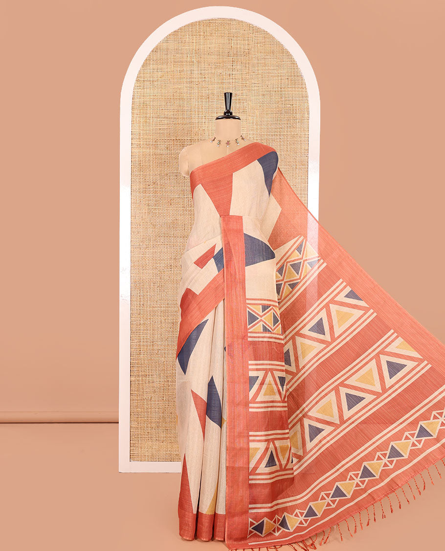 Gold Tissue Saree, Decked Up with Colorful Triangle Motifs Printed on Its Body, Complemented by a Contrast Border, Pallu Steeped with Triangle Motifs Print, and Paired with a Contrast Printed Blouse