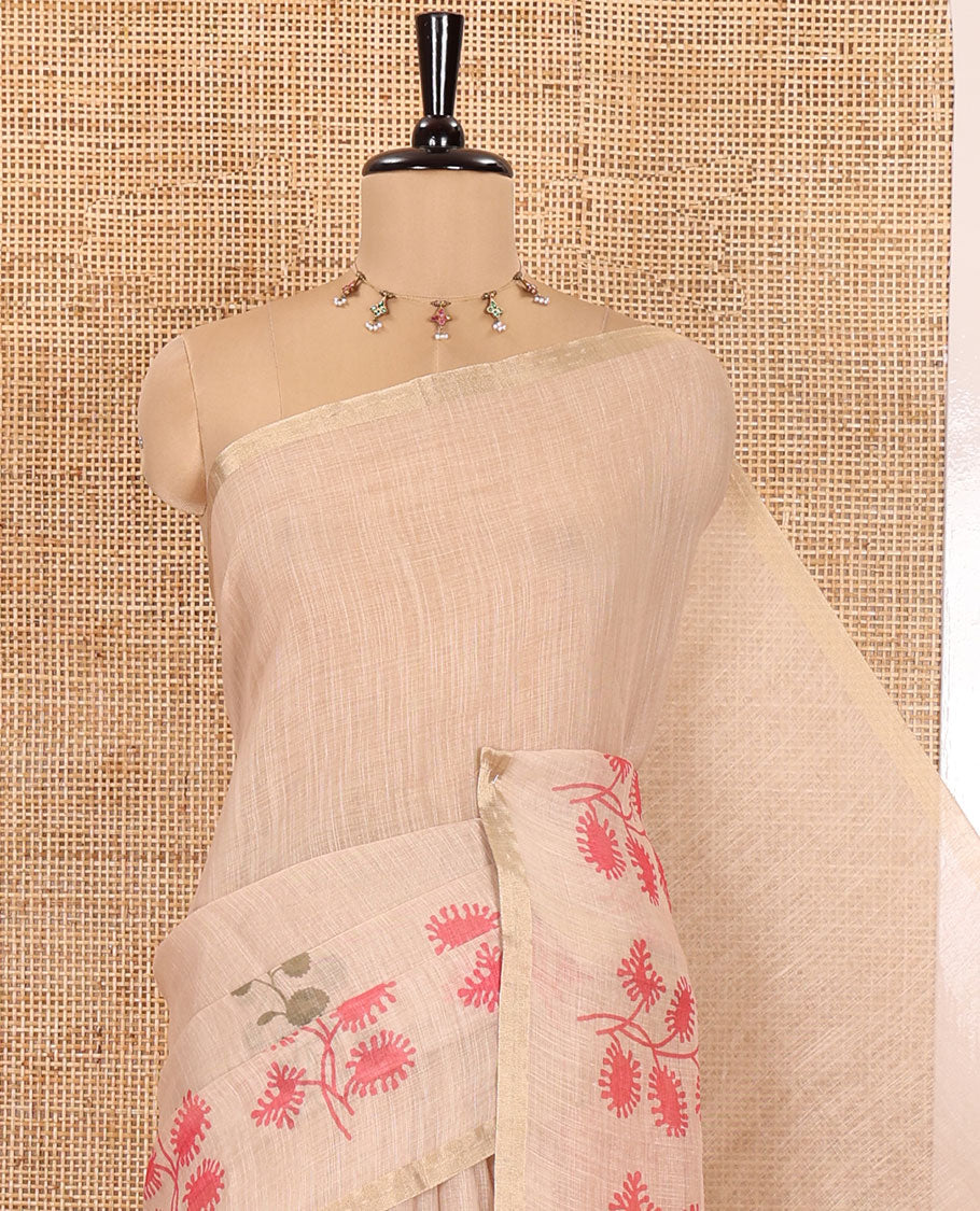 Chikku Linen Saree, Adorned with Floral Motifs Printed on Its Body, a Subtle Piping Border, Pallu Steeped with Floral Motifs and Stripes, and Paired with a Contrast Blouse