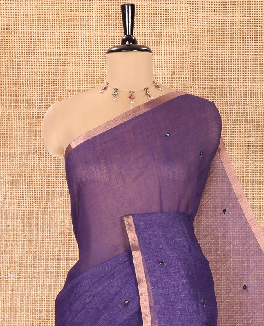 Blue Linen Cotton Saree, Adorned with Mirror Work Across Its Body, Subtly Piping Border, Contrast Pallu Steeped with Stripes, and Mirror Work, and Paired with a Contrast Vertical Stripes Printed Blouse