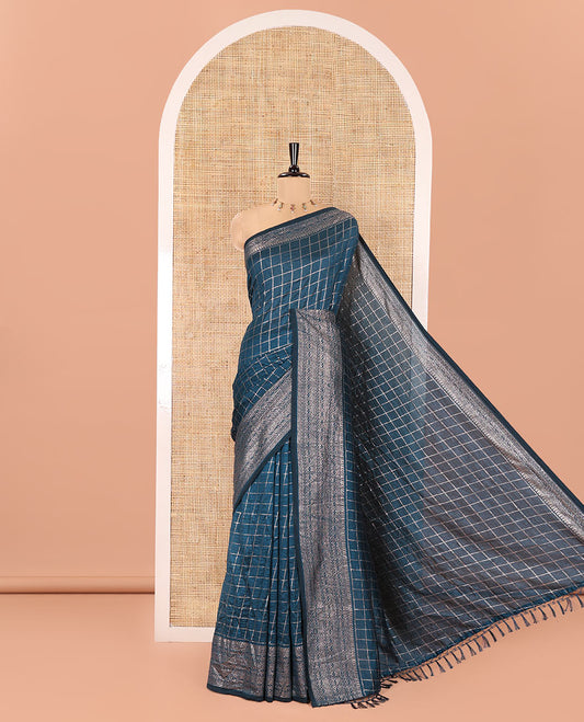 Blue Vichitra Saree, Adorned with Medium-Sized Checked Design on Its Body, Highlighted by a Traditional Design Border, Self-Pallu, and Comes Without a Blouse