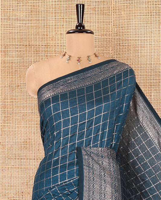 Blue Vichitra Saree, Adorned with Medium-Sized Checked Design on Its Body, Highlighted by a Traditional Design Border, Self-Pallu, and Comes Without a Blouse