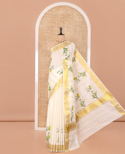 Half-White Kerala Cotton Saree, Prettified with Vertical Stripes and Floral Print on Its Body, Highlighted by a Zari Border, Pallu Pictures the Same Design, and Paired with a Matching Blouse