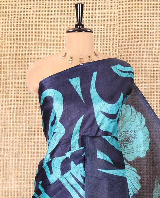 Borderless Blue Art Khadi Mul Cotton Saree, Decorated with Batik Vines Print On Its Body, Pallu Features Hibiscus Flower Printed , and Comes with a Printed Blouse