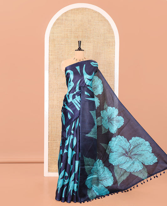 Borderless Blue Art Khadi Mul Cotton Saree, Decorated with Batik Vines Print On Its Body, Pallu Features Hibiscus Flower Printed , and Comes with a Printed Blouse