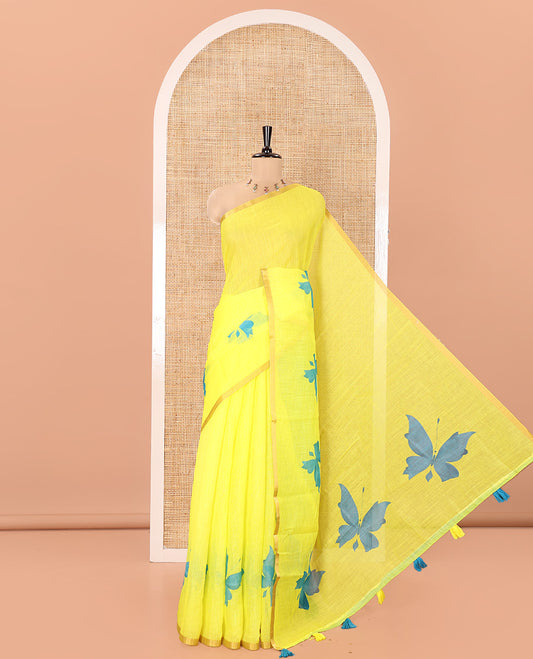 Yellow Linen Cotton Saree, Beautified with Butterfly Buttas All Over Its Body, Subtle Piping Border, Pallu of Butterfly Print, and Paired with a Contrast Fairy Motifs Printed Blouse